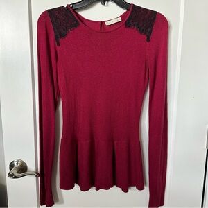 Hinge Burgundy Black Lace Shoulder Peplum Button Back Sweater